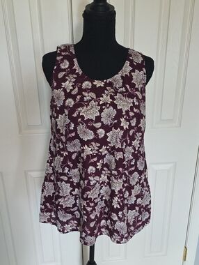 J. Jill Burgundy White Floral Scoop Neck Tiered 100% Linen Tank Top